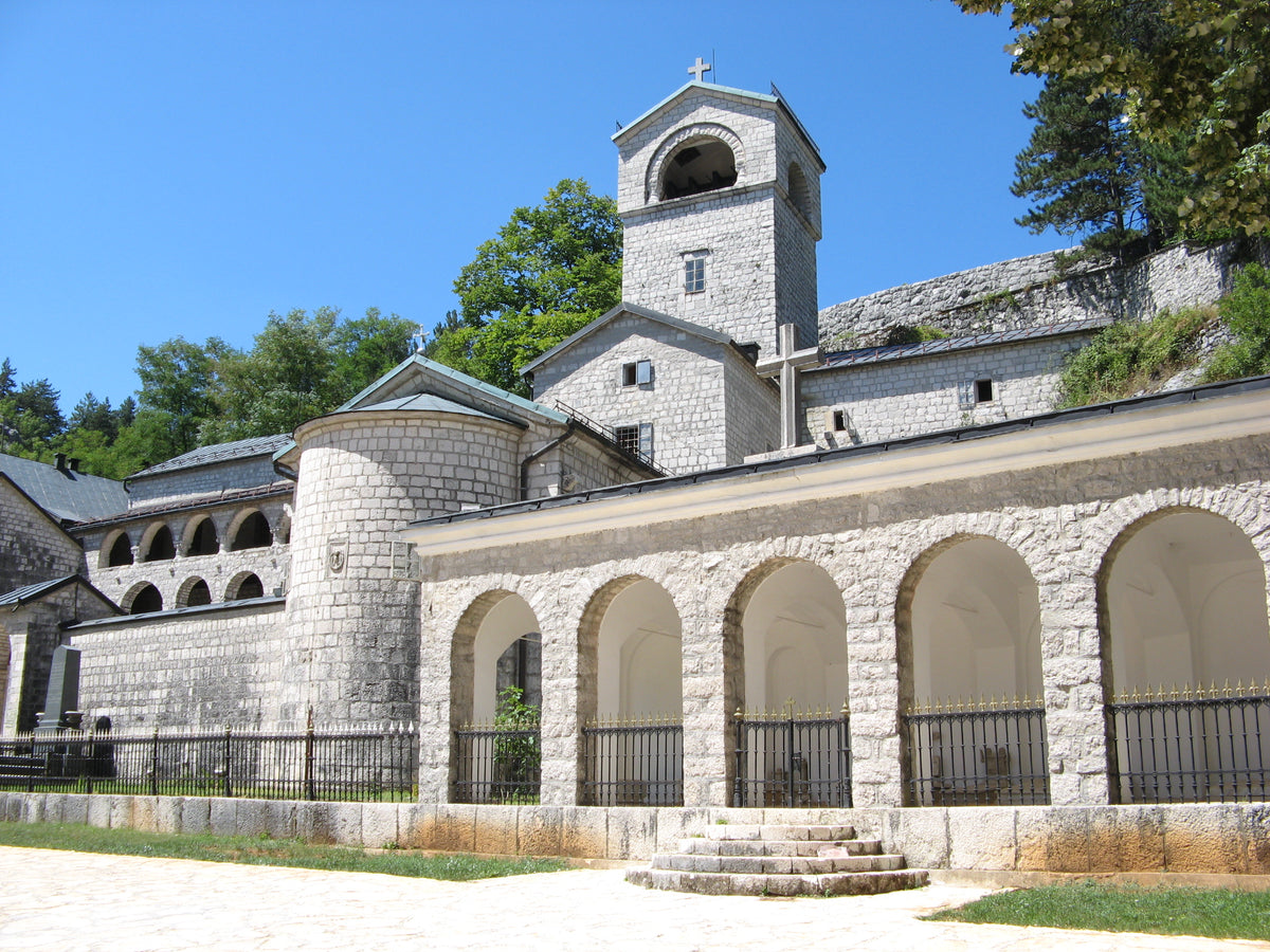 Front view of Cetinje Monastery, the old royal capital of Montenegro