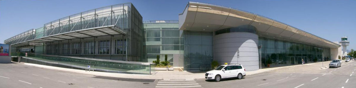 Panoramic exterior view of Dubrovnik Airport terminal, Croatia