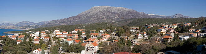 Panoramic view of Utjeha beach with the Rumija mountains behind, Montenegro