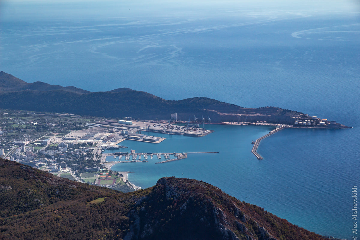 The Port of Bar cargo and ferry terminal seen from Mount Vrsuta, Montenegro